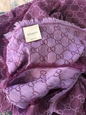 Gucci Lavender and Plum GG Jacquard Fringe Scarf